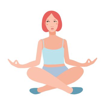 Young pretty woman performing yoga exercise. Female cartoon character sitting in lotus posture and meditating vipassana meditation. Girl with crossed legs isolated. Colorful flat vector illustration