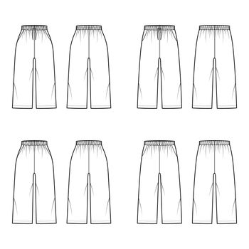 Set of Pull-On Pants Sport training shorts technical fashion illustration with elastic normal low waist, drawstrings