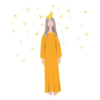 Young pretty woman stands with moon on her head and stars shining around. Female cartoon character stands