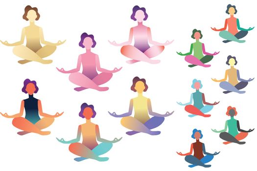 Set of abstract meditated women in different colours. Female cartoon character sitting in lotus posture and meditating vipassana meditation with flowers in body and yoga mat. Colourful flat vector