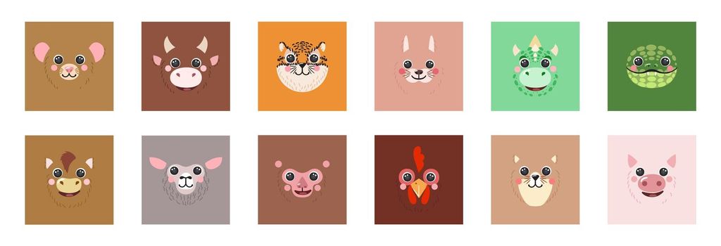 Animals Square faces Set Chinese Zodiac Twelve Signs portraits Icons Cute cartoon illustration flat vector avatars
