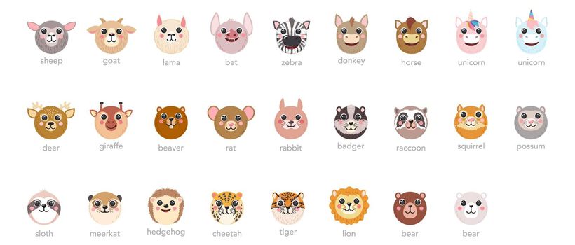 Round Animals heads Set Cute portraits with text names cartoon illustration flat vector unicorn, lama, bear, tiger