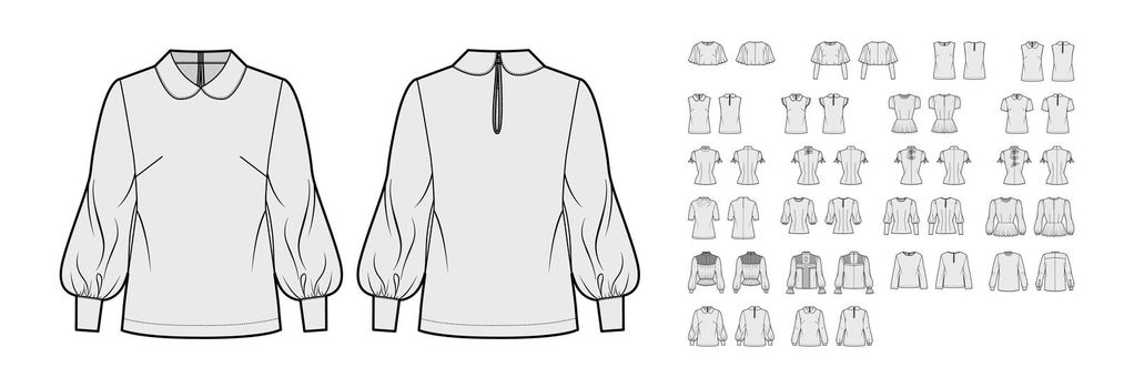 Set of blouses key-hole back closure tops, shirts, technical fashion illustration with fitted oversized body, short