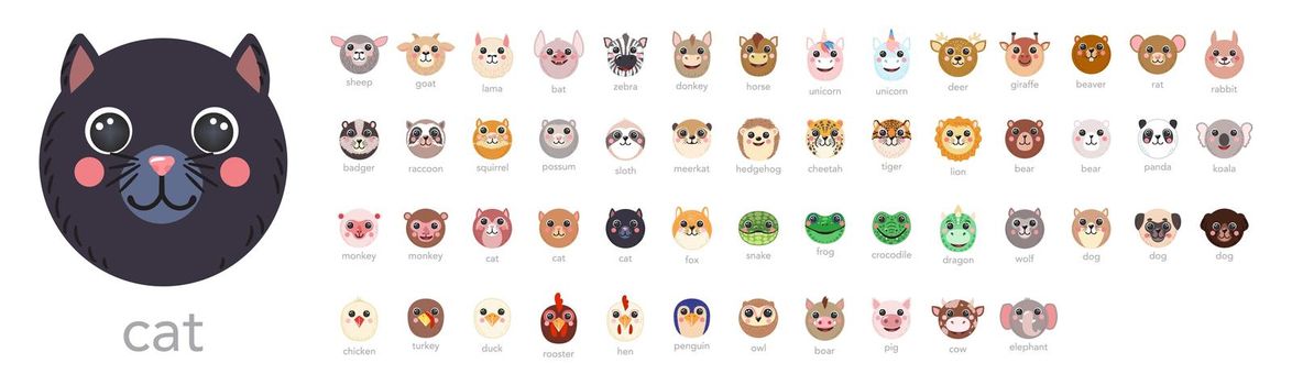 Round Animals Set Cute portraits with names cartoon illustration flat vector cat, dog, lama, unicorn, tiger, bear rabbit