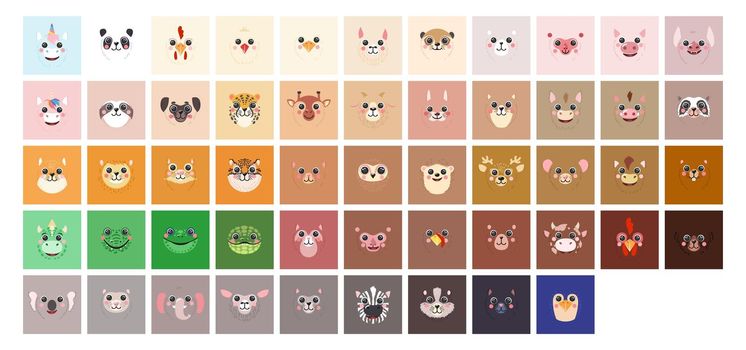 Square Animals Set Cute portraits cartoon avatar illustration flat vector cat, dog, lama, unicorn, tiger, bear, rabbit,