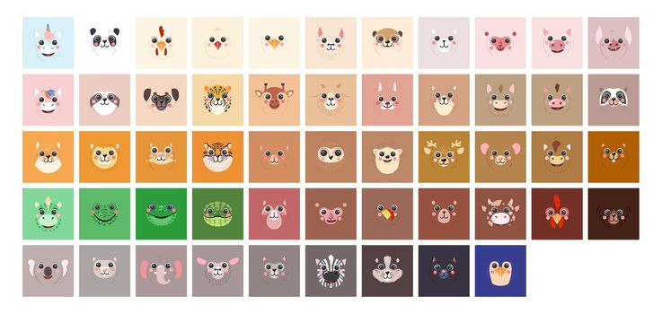 Square Animals Set Cute portraits cartoon avatar illustration flat vector cat, dog, lama, unicorn, tiger, bear, rabbit,