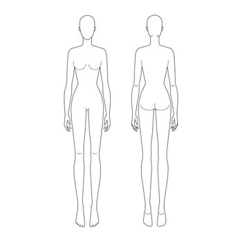 Fashion template 9 head for technical drawing. Woman's figure front and back view. Vector outline girl model template for fashion sketching and fashion illustration.