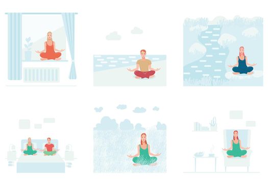 Set of woman and men performing yoga exercises different places. Female and male cartoon characters sitting in lotus posture and meditating vipassana meditation. Flat isolated illustration.