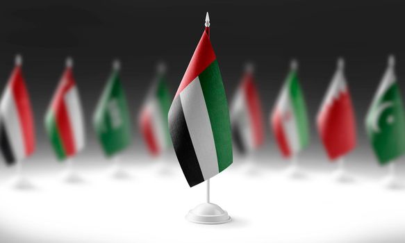 The national flag of the United Arab Emirates on the background of flags of other countries