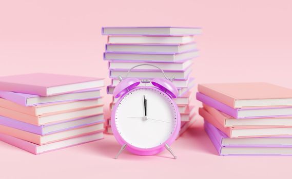 Alarm clock placed near textbooks stacked against pink background