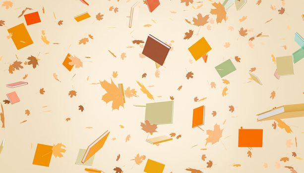 Autumn leaves and stack of textbooks falling against beige background