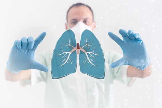 Female doctor holding virtual Lungs in hand. Handrawn human organ, copy space on right side, raw photo colors. Healthcare hospital service.