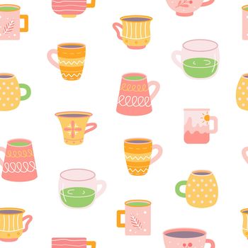 Mugs with drinks, tea and coffee on white background, vector seamless pattern in flat hand drawn style