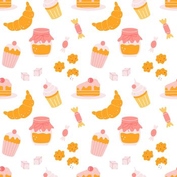 Sweets for tea or coffee. Cupcakes, candies, cookies. Vector seamless pattern