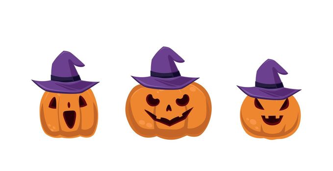 Festive set 3 pcs. halloween pumpkins in hat isolated on white background - Vector