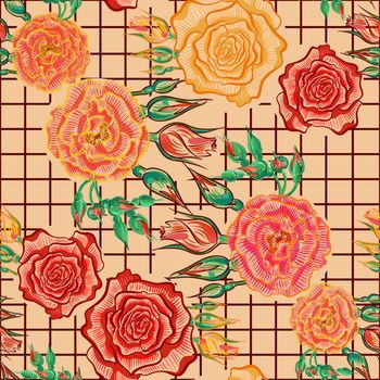 Seamless pattern for kitchen textiles. Roses on a checkered background. Beige and red. Vector.