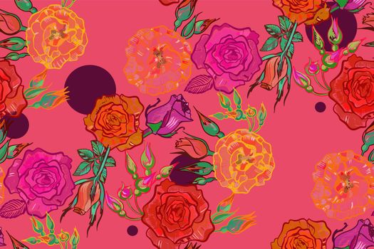 Seamless pattern for fashionable textiles. Bright roses on a bright pink background. Vector.