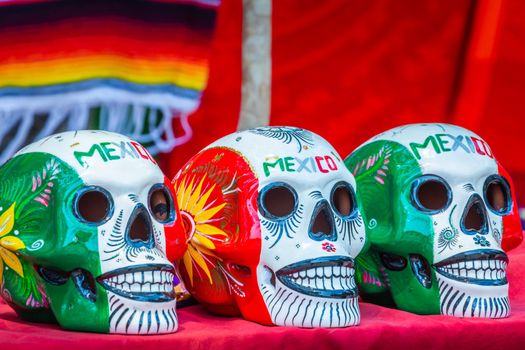Colorful skulls for day of the dead celebration, Cancun, Mexico