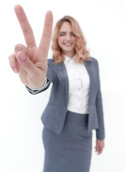 stylized image.business woman showing victory sign.