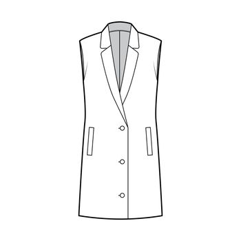 Sleeveless jacket lapelled vest waistcoat technical fashion illustration with button-up closure, pockets, oversized