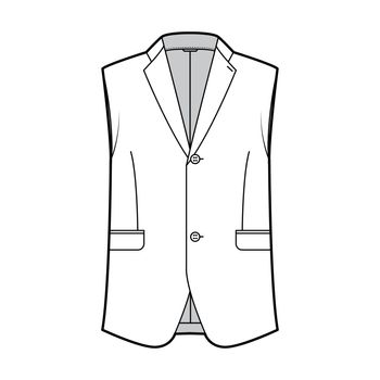 Sleeveless jacket lapelled vest waistcoat technical fashion illustration with single breasted, button-up closure, pocket