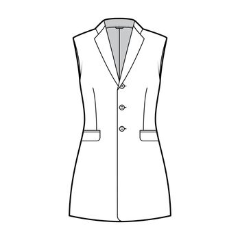 Sleeveless jacket lapelled vest waistcoat technical fashion illustration with notched collar, button-up, fitted body