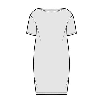 Dress sack slouchy technical fashion illustration with short sleeves, oversized body, knee length pencil skirt. Flat apparel front, grey color style. Women, men unisex CAD mockup