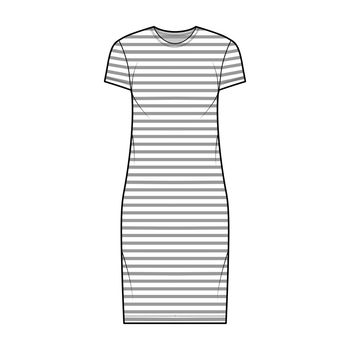 Dress sailor technical fashion illustration with stripes, short sleeves, oversized body, knee length pencil skirt. Flat