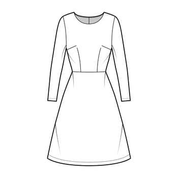 Dress A-line technical fashion illustration with long sleeves, fitted body, natural waistline, knee length skirt. Flat apparel front, white color style. Women, men unisex CAD mockup