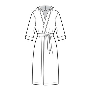 Bathrobes hooded Dressing gown technical fashion illustration with wrap opening, knee length, oversized, tie, elbow sleeves. Flat garment apparel front, white color. Women, men, unisex CAD mockup