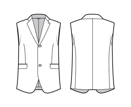 Sleeveless jacket lapelled vest waistcoat technical fashion illustration with single breasted, button-up closure, pocket