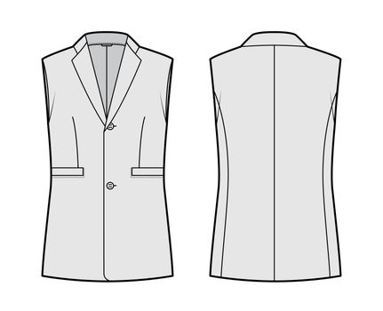 Sleeveless jacket lapelled vest waistcoat technical fashion illustration with notched collar, single breasted, pockets
