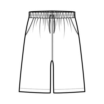 Shorts Sport training Bermuda Activewear technical fashion illustration with elastic low waist, drawstrings, pockets