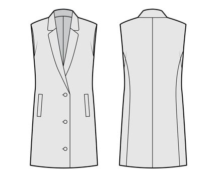 Sleeveless jacket lapelled vest waistcoat technical fashion illustration with button-up closure, pockets, oversized