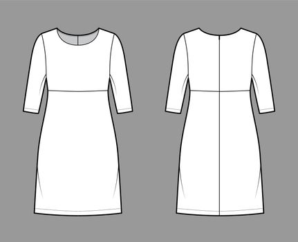 Dress empire line technical fashion illustration with elbow sleeves, oversized body, knee length A-line skirt apparel