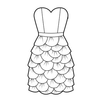 Dress petal chemise technical fashion illustration with strapless, sleeveless, fitted body, knee length skirt apparel