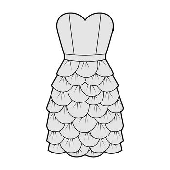 Dress petal chemise technical fashion illustration with strapless, sleeveless, fitted body, knee length skirt apparel