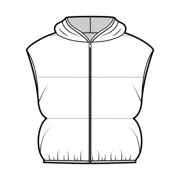 Hooded Down vest puffer waistcoat technical fashion illustration with zip-up closure, loose fit, crop length, wide quilting. Flat template front, white color style. Women, men, unisex top CAD mockup