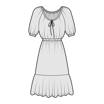 Dress peasant technical fashion illustration with elbow sleeves, fitted body, knee length peplum pencil skirt. Flat