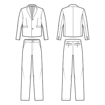 Set of two - piece Suit - classic trouser and jacket technical fashion illustration with single breasted, long sleeves