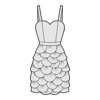 Dress petal chemise technical fashion illustration with thin straps, sleeveless, fitted body, knee length skirt. Flat