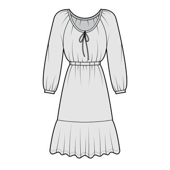 Dress peasant technical fashion illustration with long sleeves, fitted body, knee length peplum pencil skirt apparel