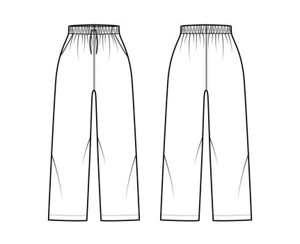 Pull-On Pants Sport training shorts technical fashion illustration with elastic normal waist, high rise, drawstrings, ankle length. Flat bottom template front, back, white color. Women men unisex CAD