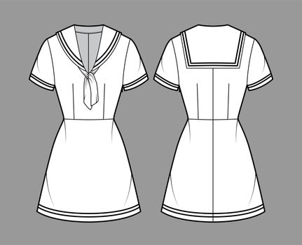 Dress sailor technical fashion illustration with short sleeve, fitted, middy collar, stripes, mini length pencil skirt