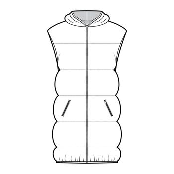 Down vest puffer Hooded waistcoat technical fashion illustration with sleeveless, pockets, hip length, wide quilting. Flat template front, white color style. Women, men, unisex top CAD mockup