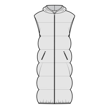 Down vest puffer waistcoat technical fashion illustration with sleeveless, hoody collar, zip-up closure, oversized