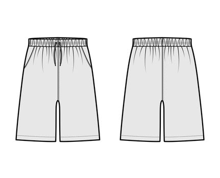 Shorts Sport training Bermuda Activewear technical fashion illustration with elastic low waist, drawstrings, pockets