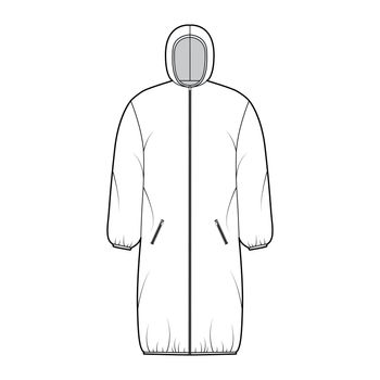 Hooded jacket Down puffer coat technical fashion illustration with long sleeves, zip-up closure, pockets, boxy fit, knee length. Flat template front, white color style. Women men unisex top CAD mockup