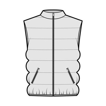 Down vest puffer waistcoat technical fashion illustration with stand collar, zip-up closure, oversized, classic quilting