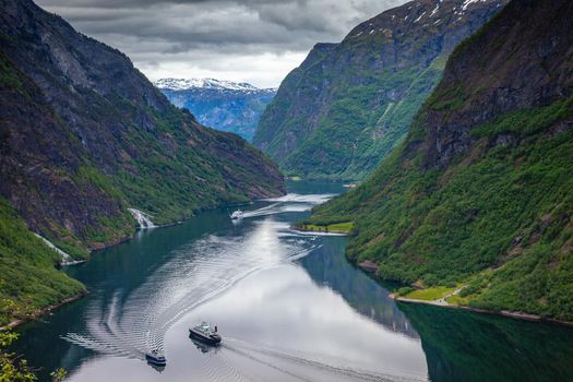 Naeroyfjord from above with ferry boat in western Norway, Scandinavia